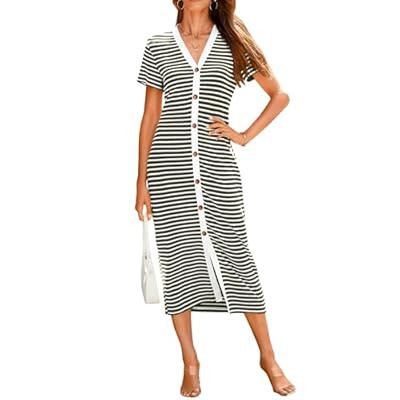 BTFBM Women Casual Summer Dresses Short Sleeve Striped Midi Dresses Decorative Button Ribb… | Amazon (US)