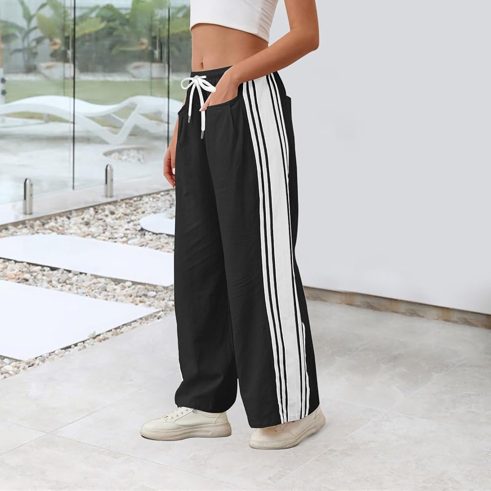 Allmloers Women's Wide Leg Pants Drawstring High Rise Side Striped Y2k Track Pant Casual Palazzo ... | Amazon (CA)