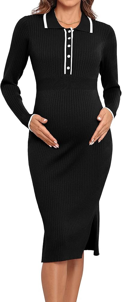 V FOR CITY Maternity Sweater Dress Fall 2024 Collared Bodycon Midi Pregnancy Dresses for Photosho... | Amazon (US)