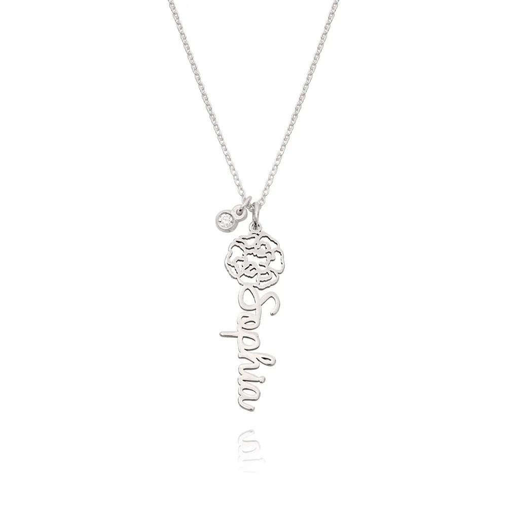 Blooming Birth Flower Name Necklace with Diamond in Sterling Silver | MYKA