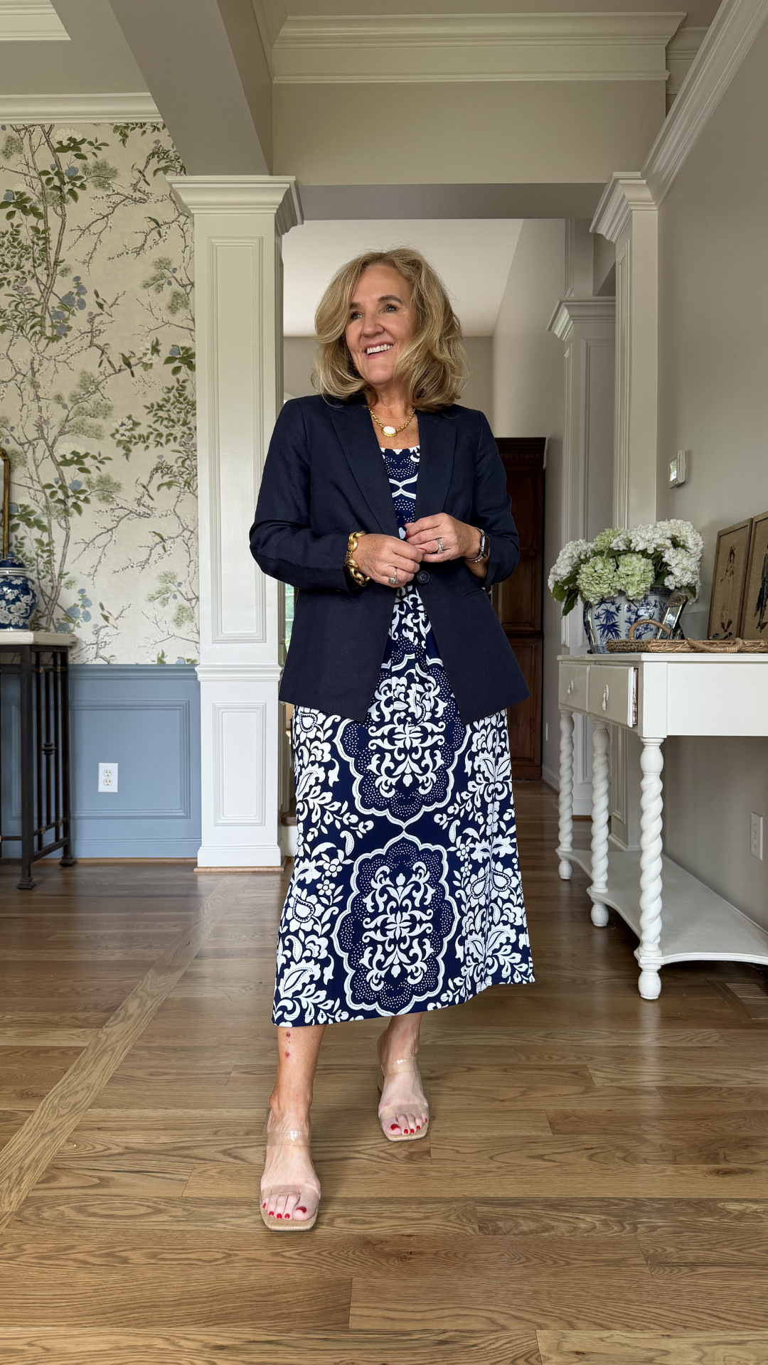 A polished navy + white look that feels timeless and elegant. Loving this printed midi dress layered with a structured blazer for an easy elevated outfit. 

 #LTKootd #LTKSeasonal #LTKSaleAlert