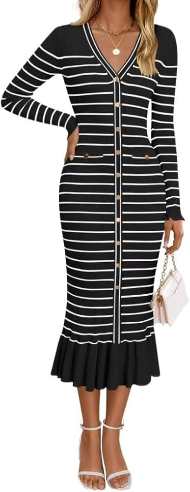V-Neck Knitted Sweater Dress for Commuting, Knitted Long Dress. | Amazon (US)