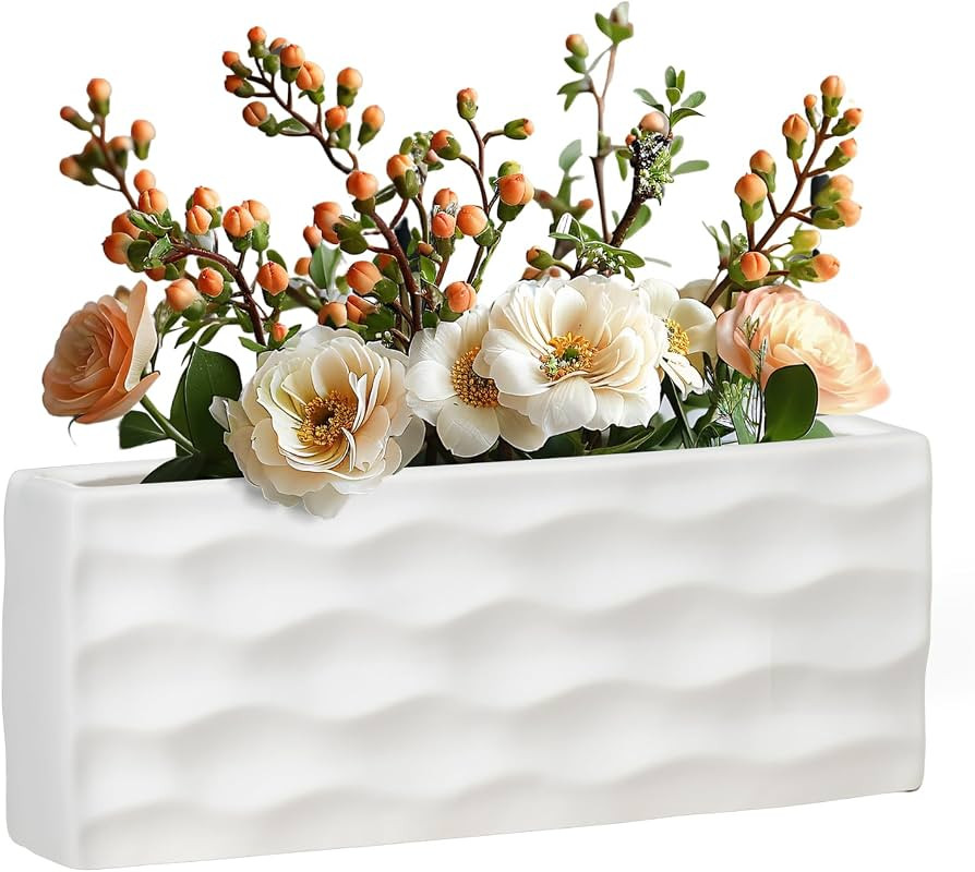 Torre & Tagus 12-Inch Wide Wavy Long Rectangular Vase for Flowers, White Rectangle Vase Succulent... | Amazon (US)