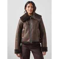 The Very Collection Faux Shearling Aviator Jacket - Brown | Very (UK)