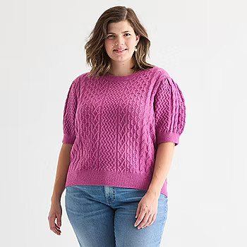 new!St. John's Bay Plus Womens Crew Neck Short Sleeve Cable Knit Cardigan | JCPenney