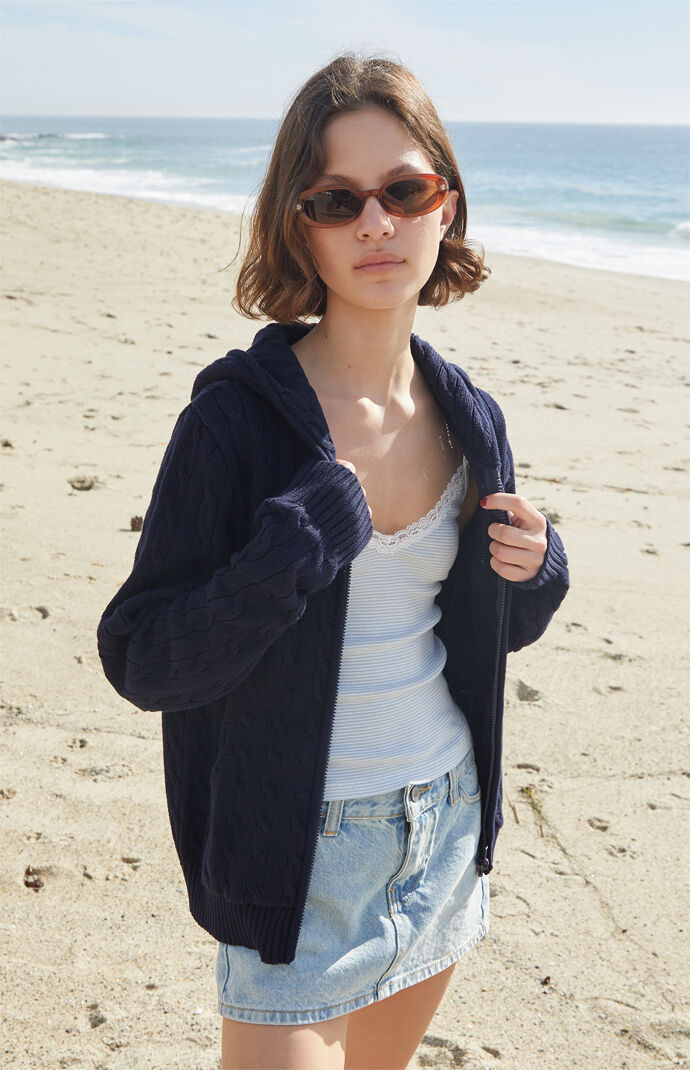 John Galt Women's Navy Cable Knit Zip Up Hooded Sweater | PacSun