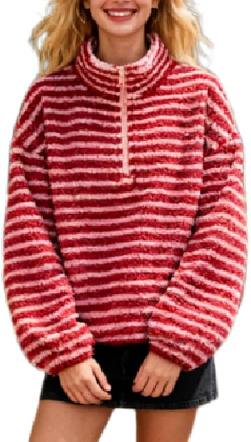 Women's Striped Fleece Jacket Color Block Half Zip Sherpa High Neck Pullover Trendy Oversized War... | Amazon (US)