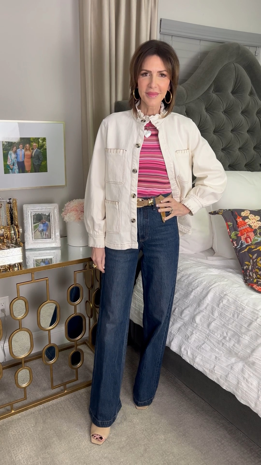 pink striped top, cream jacket, wide leg jeans, suede belt, suede heels, over 50 outfits 

#LTKootd #LTKSeasonal #LTKOver40