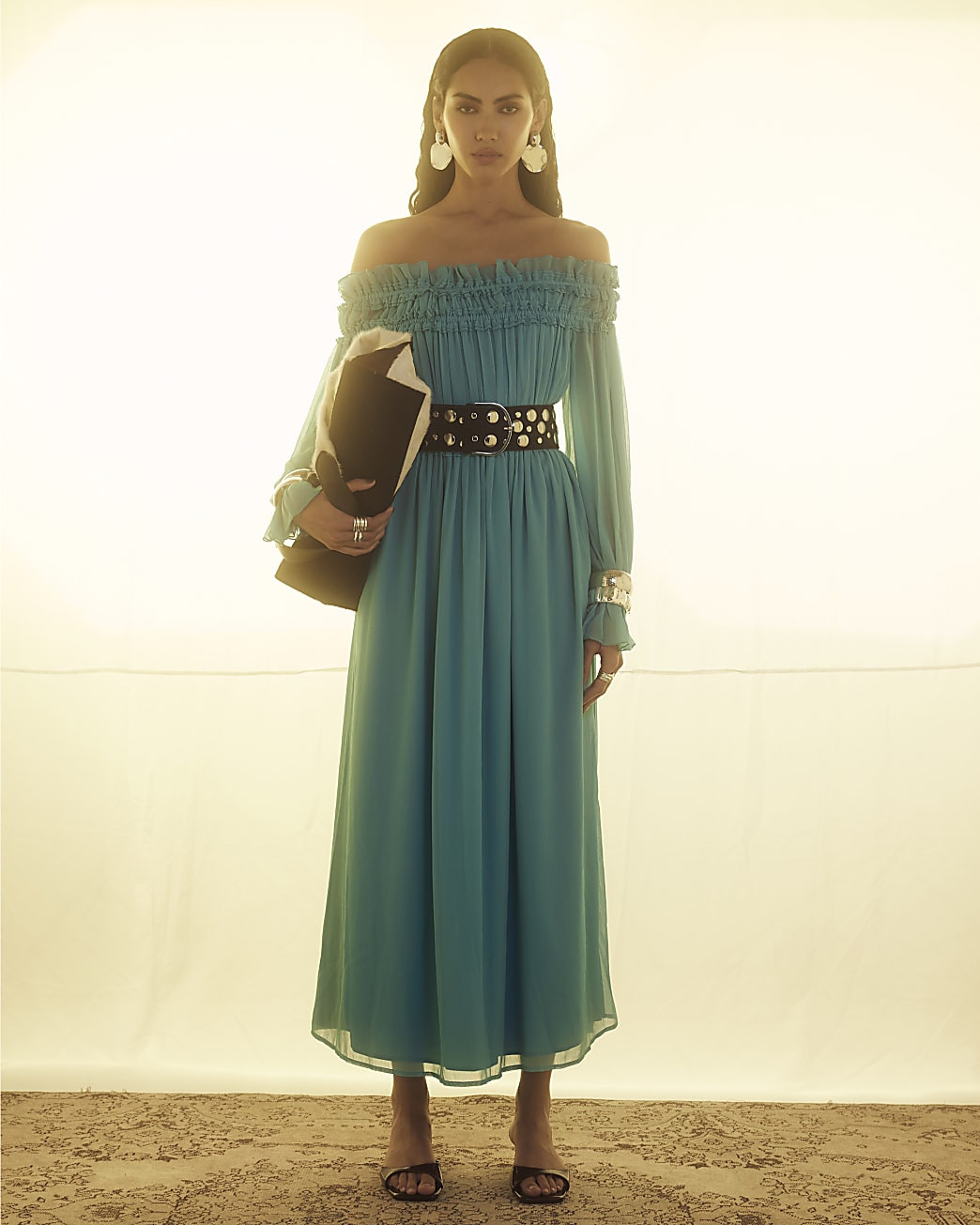 Blue Long Sleeve Bardot Maxi Dress | River Island UK & IE