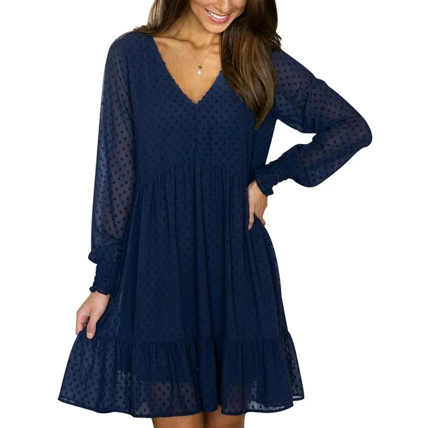 SHIBEVER V Neck Casual Mini Dress for Women Fall Long Sleeve Loose Chiffon Swiss Dot Short Dresse... | Walmart (US)
