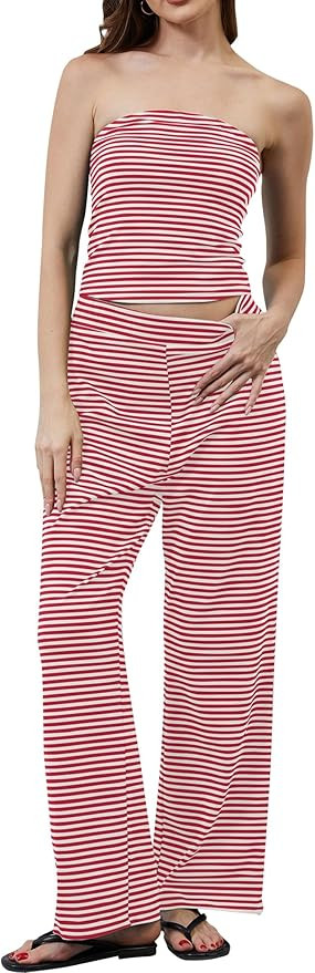 Women’s 2 Piece Sets Striped Summer Matching Outfits Strapless Crop Tube Top and Wide Leg Pants... | Amazon (US)
