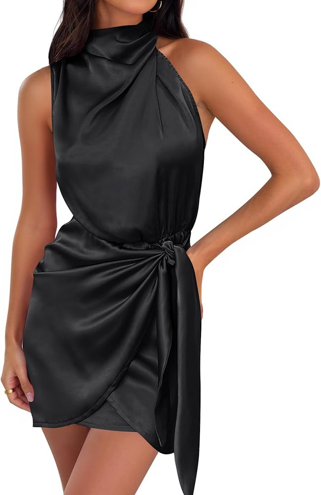 ZESICA Women's 2025 Fashion Satin Sleeveless Halter Neck Tie Waist Wrap Bodycon Cocktail Party Mi... | Amazon (US)
