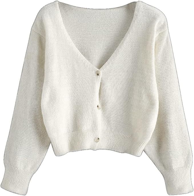 ZAFUL Women's Button Down Long Sleeve V-Neck Rib-Knit Cropped Cardigan Sweater | Amazon (US)