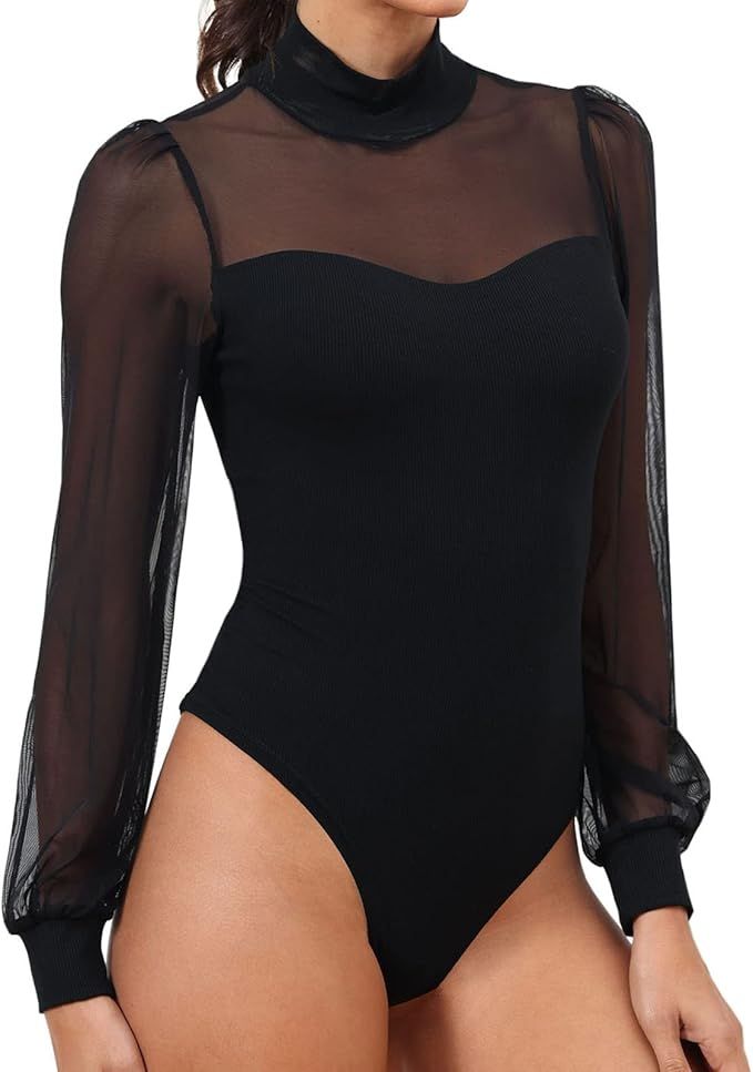 Womens Bodysuit Mock Neck Sheer Mesh Long Sleeve Tops Ribbed Sexy Bodysuits Jumpsuit | Amazon (US)