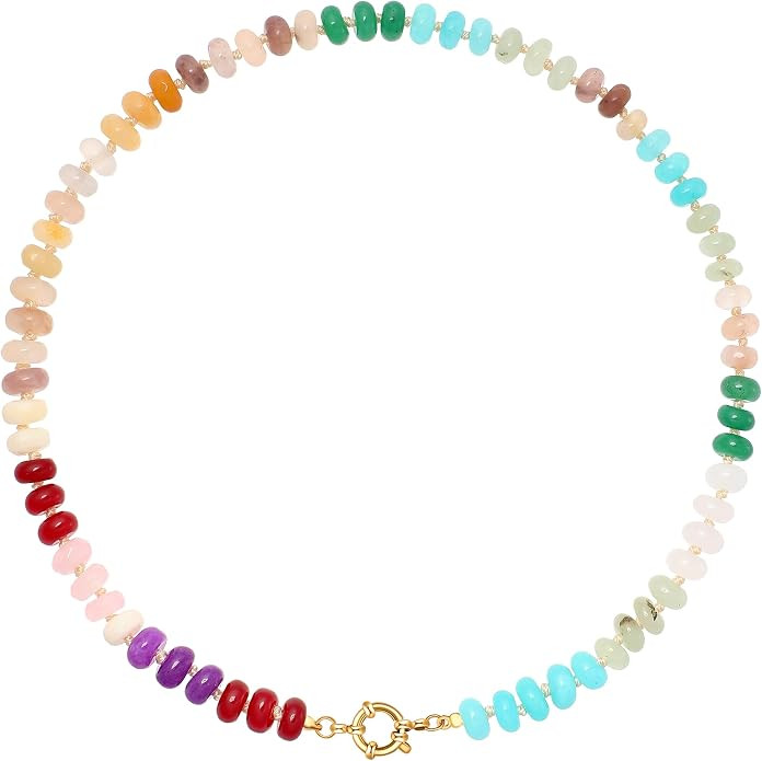 LALAPPLE Colorful Beaded Gemstone Necklace for Women, Boho Rainbow Bead Choker with Natural Stone... | Amazon (US)