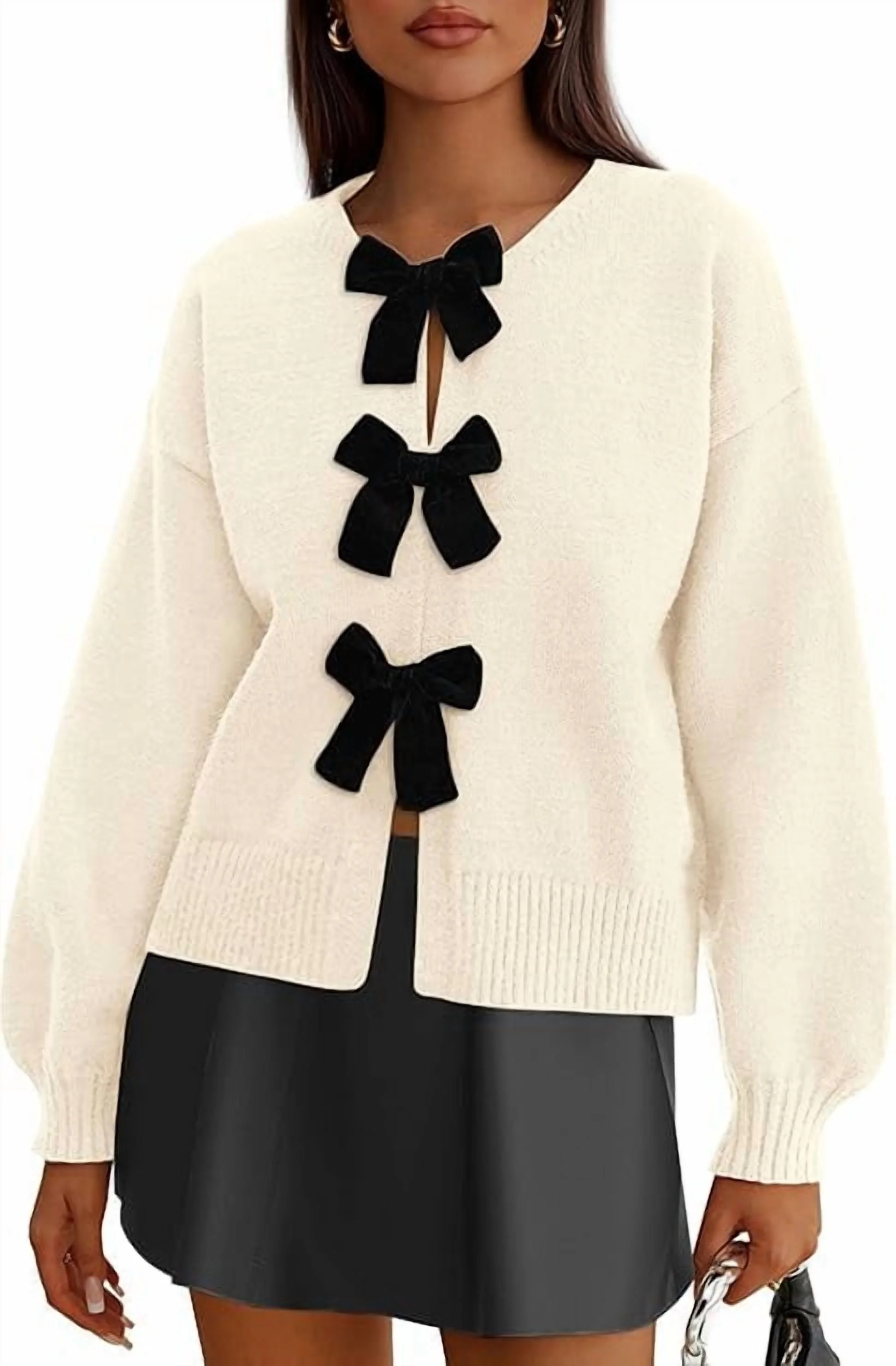 PRETTYGARDEN Cardigan Sweaters for Women Fall Bow Tie Front Long Sleeve Knit Sweater Tops Cute Go... | Walmart (US)