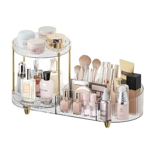 Makeup Organizer Countertop for Vanity, Rotating Perfume Tray with 5-compartment Cosmetic and Skincare Organizers, Multi-Purpose Desk Storage Makeup Brush Holder for Bathroom Bedroom Counter | Amazon (US)