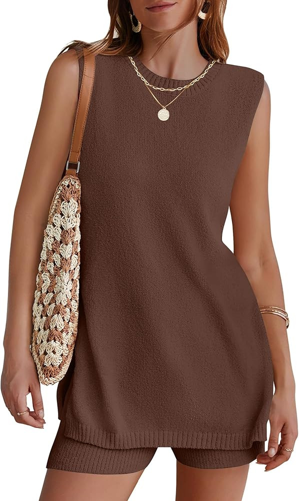 NENONA Women's Summer Sleeveless Sweater Lounge Sets Casual Loose Fit Tunic Tops and Shorts 2 Pie... | Amazon (US)