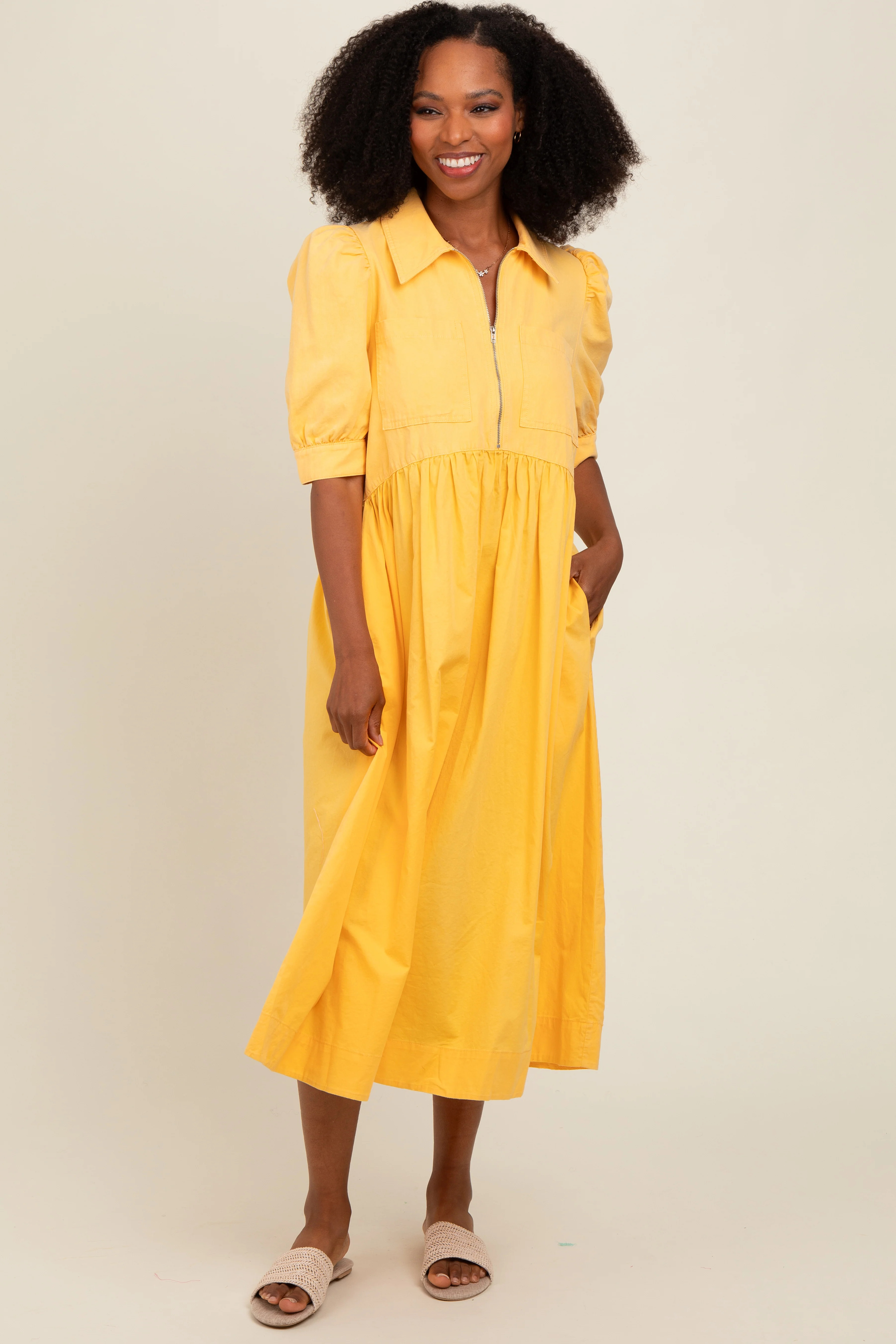 Yellow Half Zip Midi Dress | PinkBlush Maternity