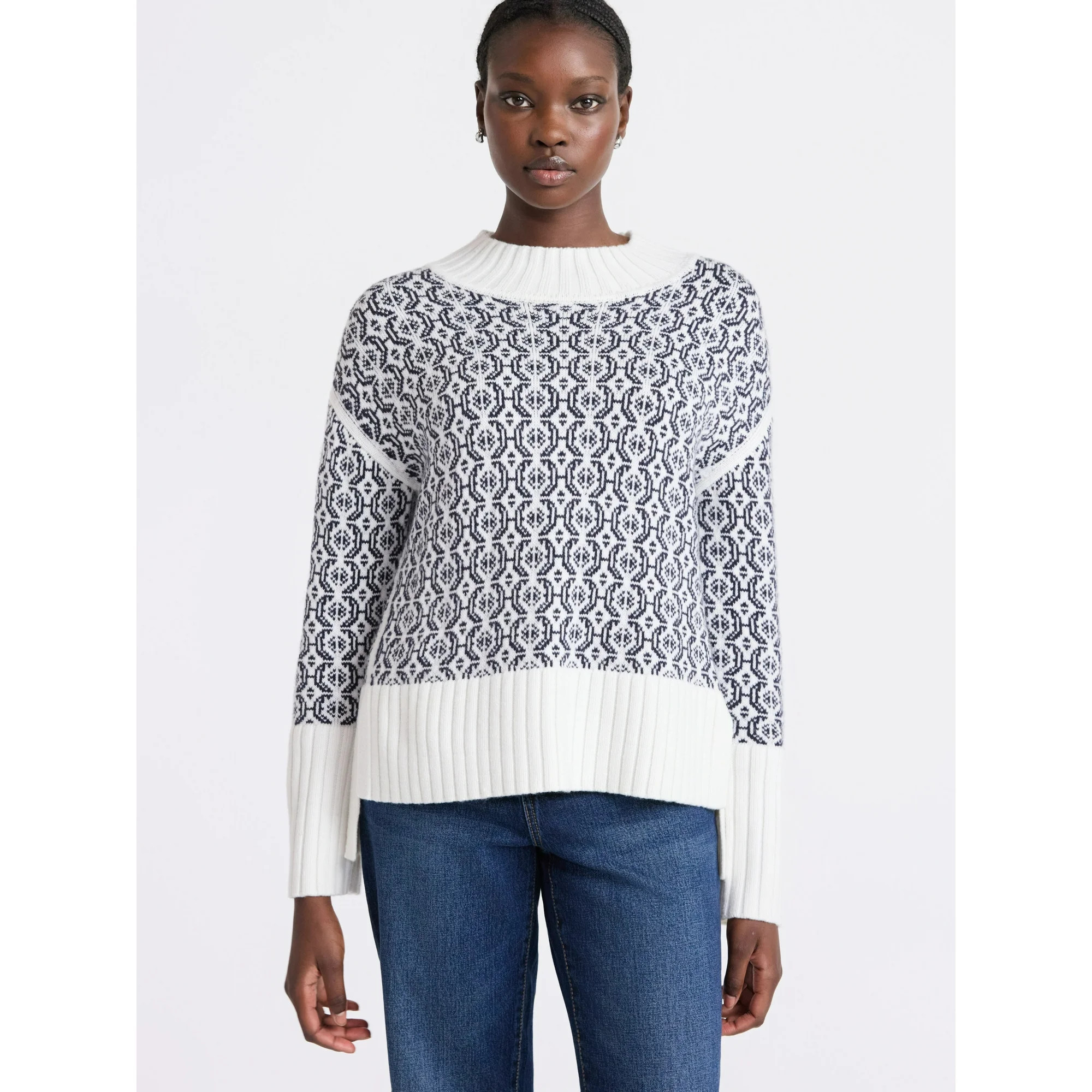 Free Assembly Women's Patterned Mock Neck Sweater with Tall Cuffs, Midweight, Sizes XS-XXL | Walmart (US)
