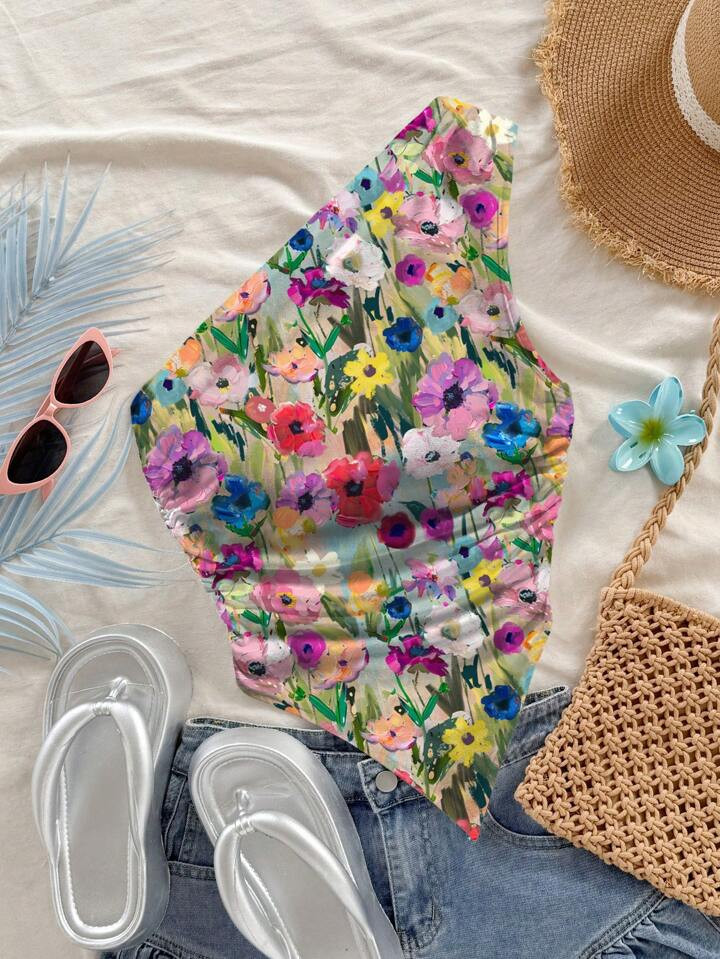 Soleia Women's Vacation Floral Print Asymmetric Hem Sleeveless Fashionable Blouse Beach Wear | SHEIN