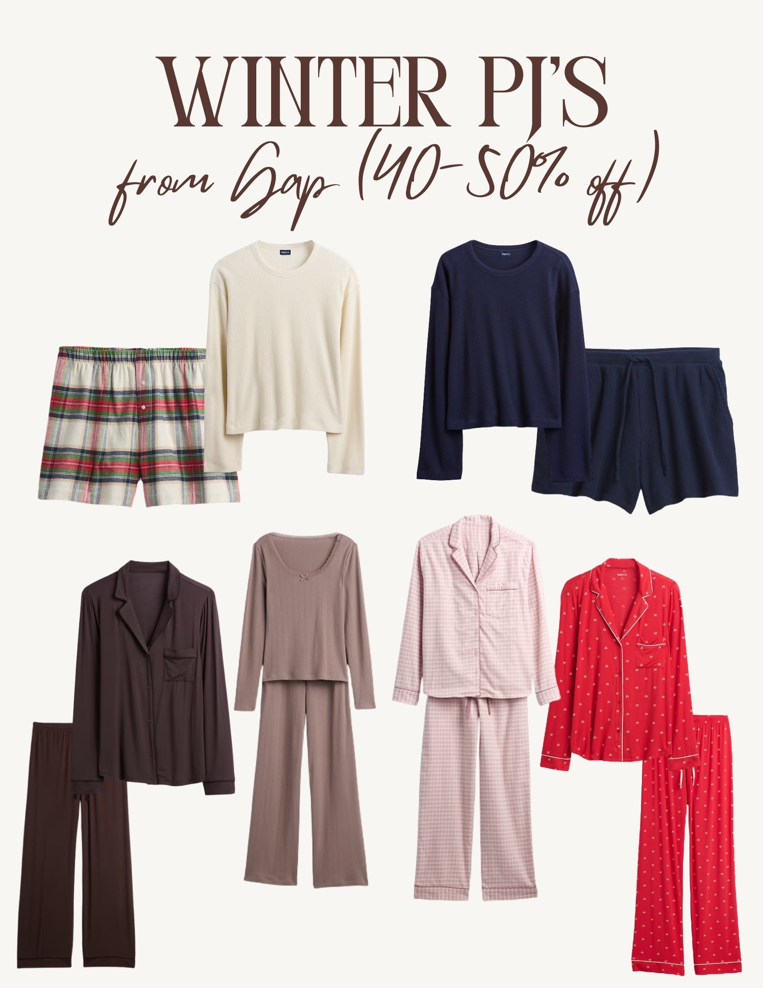 Winter nights call for matching pajama sets, soft flannel, and slow mornings ☁️✨ Rounded up my favourite Gap pajamas — all 40–50% off right now — from classic plaids to cozy ribbed sets. Perfect for gifting (or keeping).

Gap pajamas, winter pajamas, cozy loungewear, matching pajama sets, flannel pajamas, ribbed pajamas, holiday pajamas, winter sale finds, cozy home outfit, gift ideas for her



#LTKcanada #LTKgiftguide #LTKwinter