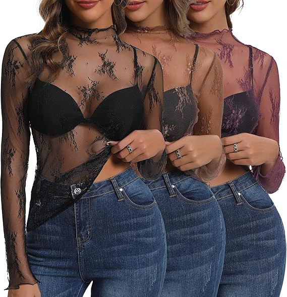Huukeay 3 Pack mesh Long Sleeve Tops for Women lace Undershirt Mock Neck Sheer Blouse See Through... | Amazon (US)