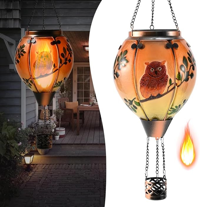 Hot Air Balloon Solar Lantern - Owl Stained Glass Lantern, Simulated Flickering & Dancing Flame, ... | Amazon (US)