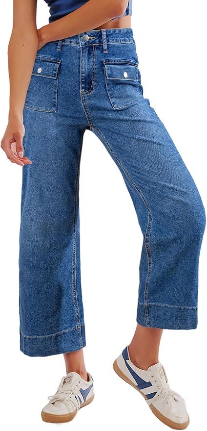 Sidefeel Women's Wide Leg Jeans High Waisted Stretchy Straight Leg Denim Pants with Patch Pockets... | Amazon (US)