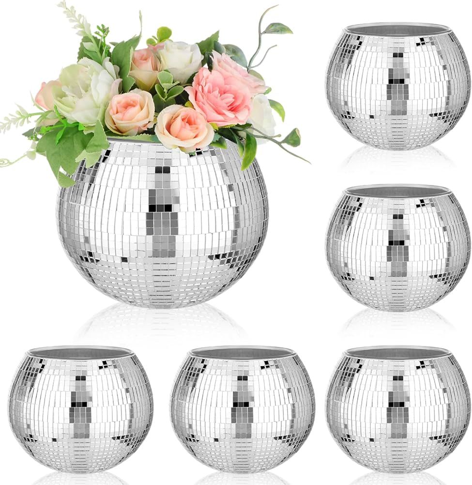6 Pieces Disco Ball Flower Vase Mirror Disco Ball Glass Vase Disco Ball Planter Candle Holder Gla... | Amazon (US)