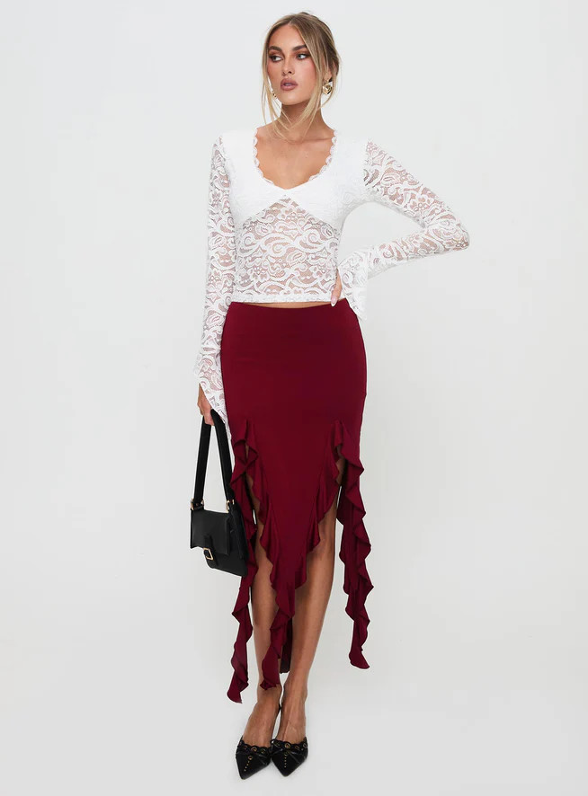 Peachey Asymmetric Ruffle Midi Skirt Burgundy | Princess Polly US