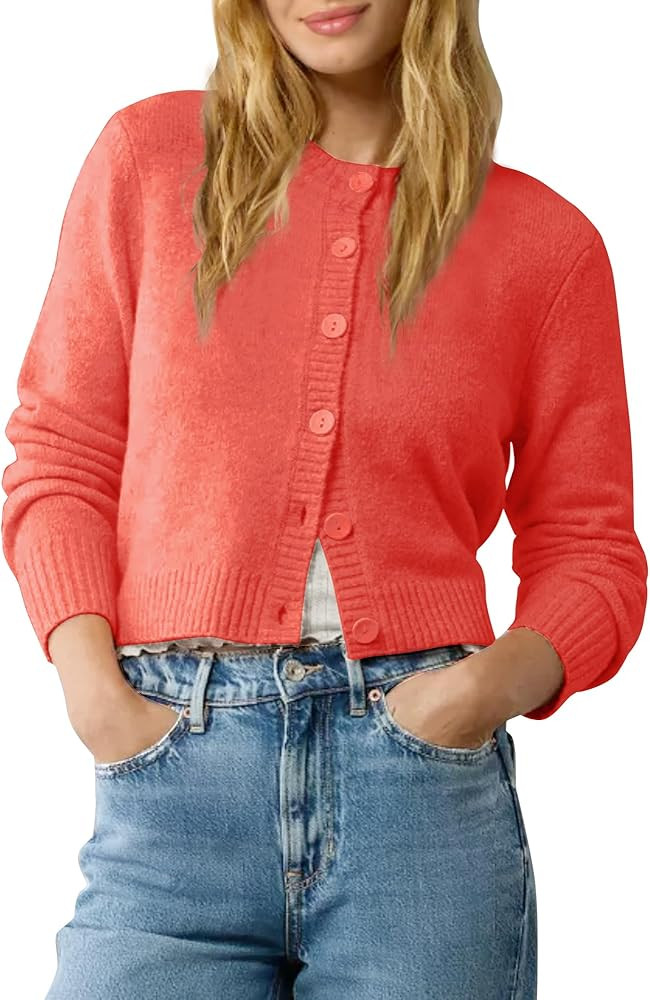 Urban CoCo Women's Crew Neck Cropped Cardigan Sweaters Long Sleeve Open Front Button Down Sweater... | Amazon (US)