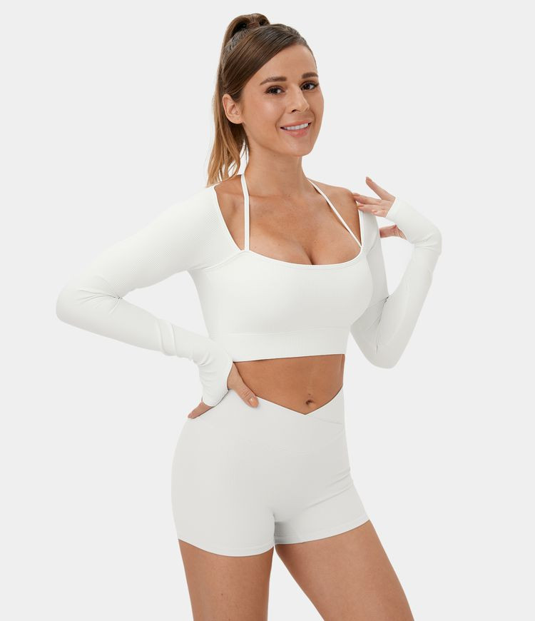 Ribbed Halter Strap Thumb Hole Cropped Yoga Sports Top | HALARA