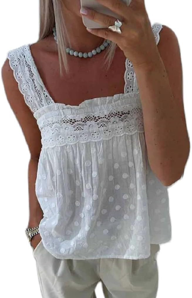 Women Lace Eyelet Tank Top Square Neck Ruffle Peplum Cami Top Lace Trim Embroidery Sleeveless Tan... | Amazon (US)