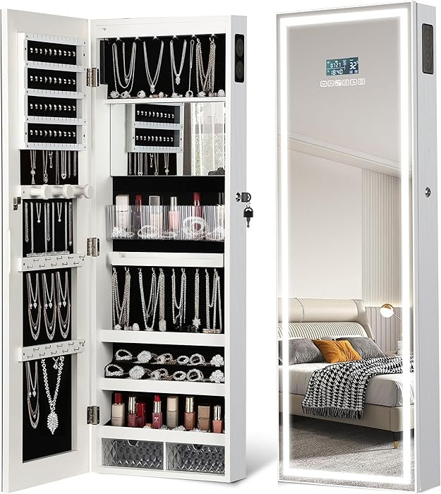 LED Mirror Jewelry Cabinet with Bluetooth Speaker, Wall/Door Mounted Jewelry Organizer Armoire, F... | Amazon (US)