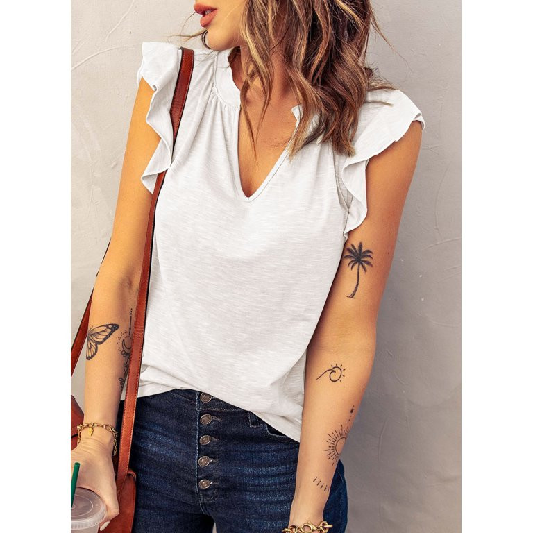 Dokotoo Women's Tank Tops V Neck Solid Color Ruffle Sleeve Tee Shirts Casual Summer Loose Fit Ves... | Walmart (US)