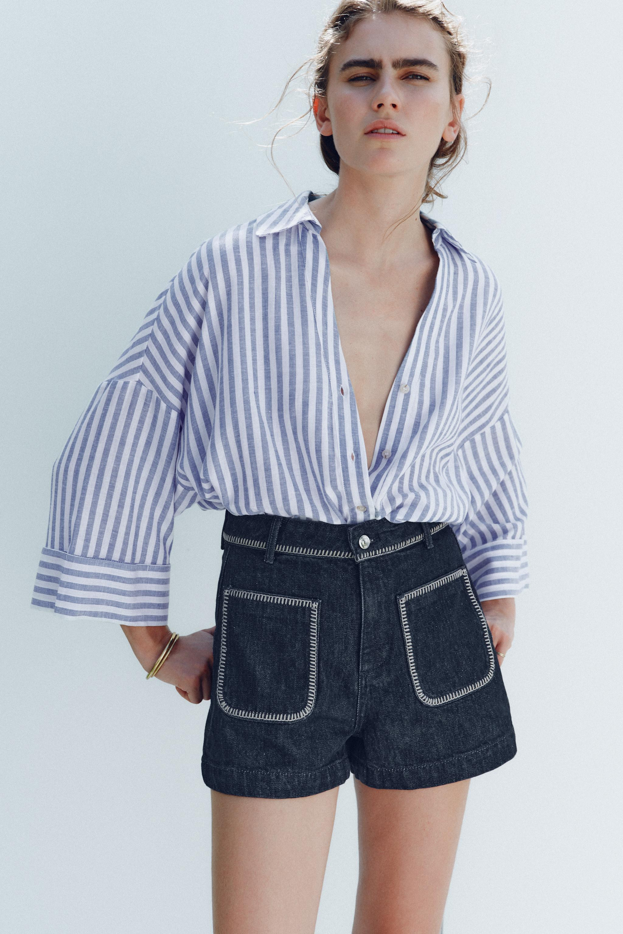 Z1975 HIGH-WAISTED DENIM SHORTS WITH TOPSTITCHING | Zara US