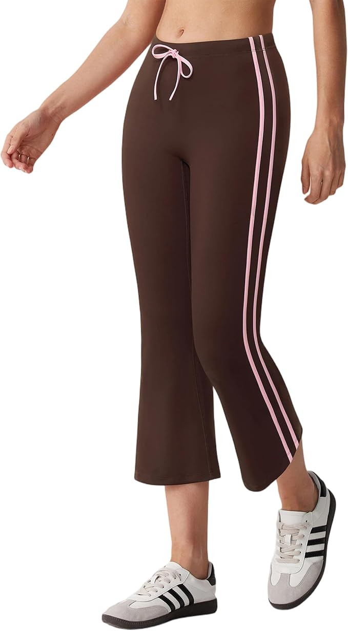 MOOSLOVER Women Flare Capri Yoga Pants High Waisted Side Stripe Drawstring Bootcut Flared Cropped... | Amazon (US)