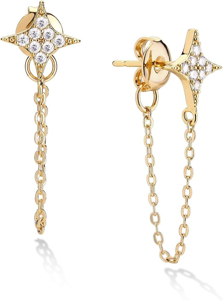 LOYATA Chain Studs Earrings Gold 14K Gold Filled Dainty Cubic Zirconia Dangle Earrings With Chain... | Amazon (US)