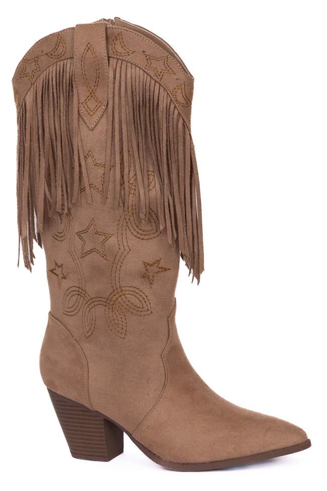 Fancy Suede Warm Taupe Fringe and Stars Boots | Pink Lily