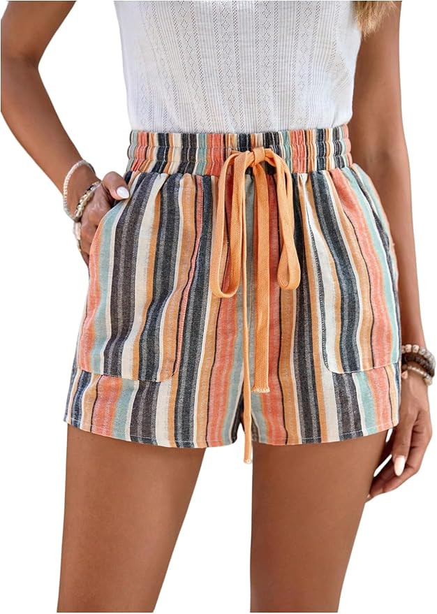 Women's Summer Striped Beach Shorts Drawstring High Elastic Waist Straight Leg Shorts with Pocket... | Amazon (US)