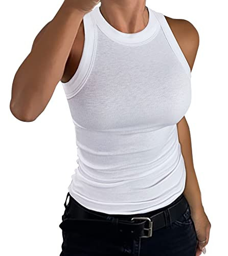 GEMBERA Womens Sleeveless Racerback High Neck Basic Ribbed Knit Fitted Tank Top White M | Amazon (US)
