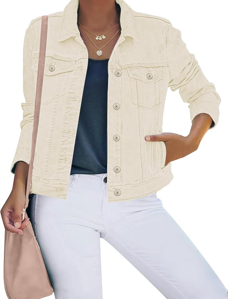 luvamia Women's Basic Button Down Stretch Fitted Long Sleeves Denim Jean Jacket | Amazon (US)