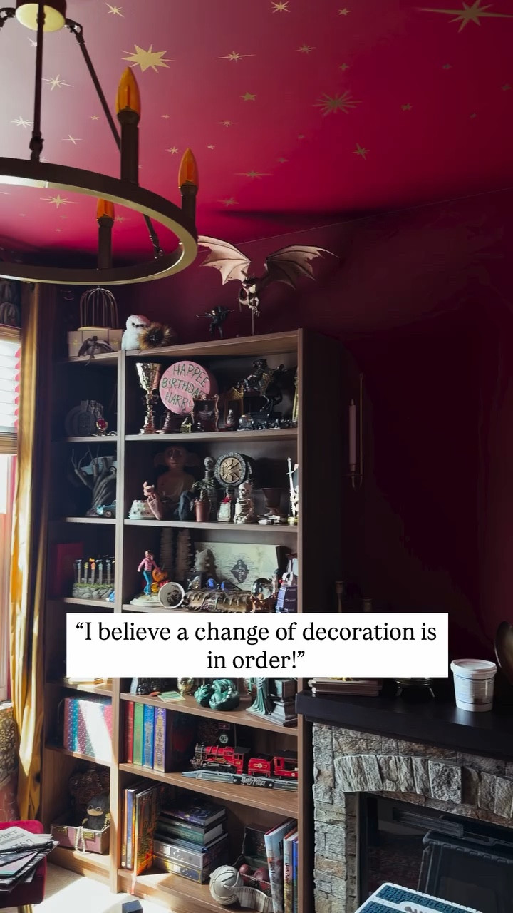 Anyone else ever get a random idea and then have to execute it immediately? Whilst simultaneously conveniently avoiding all of your other pressing responsibilities? Just me? 😅

Me to my husband: “I need a TV in my office.”
Him: 👁️👄👁️
Me: proceeds to pull things off the walls and shelves and chaos ensues for four days all over the thought of a TV. 

And this was the end result! I added lattice cling to the window to block out the muggles, added more of the Gryffindor tapestry to the wall, framed it, added a TV and framed that too, and then rearranged most of my shelves. 

Now the space feels cozier than ever and I won’t ever be leaving my Gryffindor Common Room. 

Wallpaper: @amazingarthurwallpapers 

#harrypotter #gryffindor 
Gryffindor 
Wizarding world @harrypotterstyle @potterybarnteen 
Hogwarts 
Harry Potter