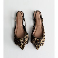 Women's Brown Leopard Print Satin Bow Slingback Ballerina Pumps Vegan New Look | New Look (UK)