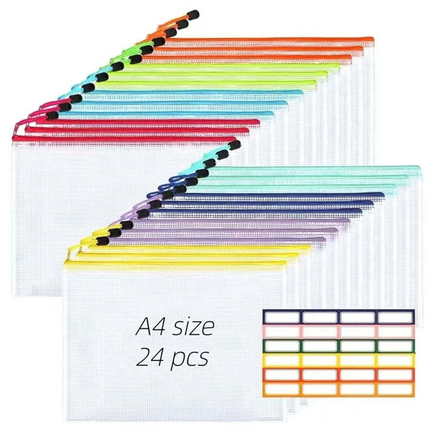 A4 Mesh Zipper Pouch Bags, 24pcs 8 Colors Plastic Zipper Pouches with Sticky Labels - Zipper Bags... | Amazon (US)