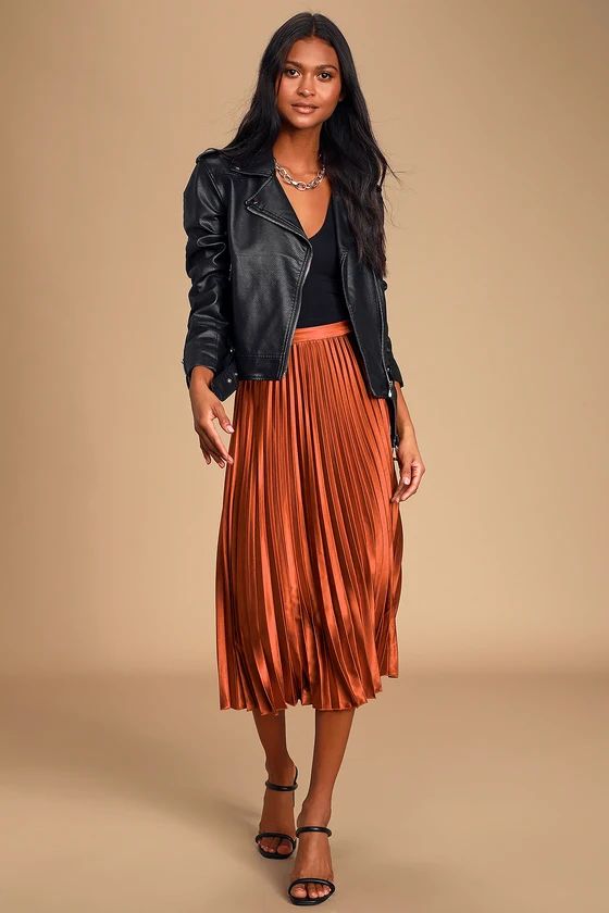 Fashionable Babe Rust Brown Satin Pleated Midi Skirt | Lulus (US)