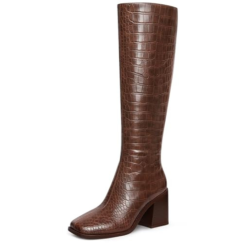 MUCCCUTE Brown Knee High Boots for Women - Chunky Heel Square Toe Boots Side Zipper PU with Crocodile Pattern Tall Go Go Boots Pull on Brown US Size 10 | Amazon (US)