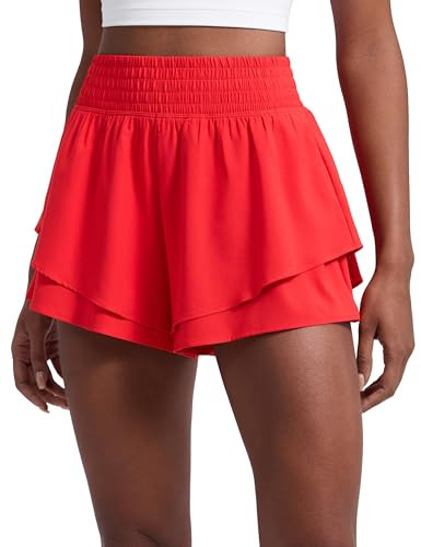 CRZ YOGA Drapey Double Ruffles Athletic Shorts for Women 2.5" - High Waisted Flowy Tennis Workout Running Tiered Skorts Deep Red X-Large | Amazon (US)