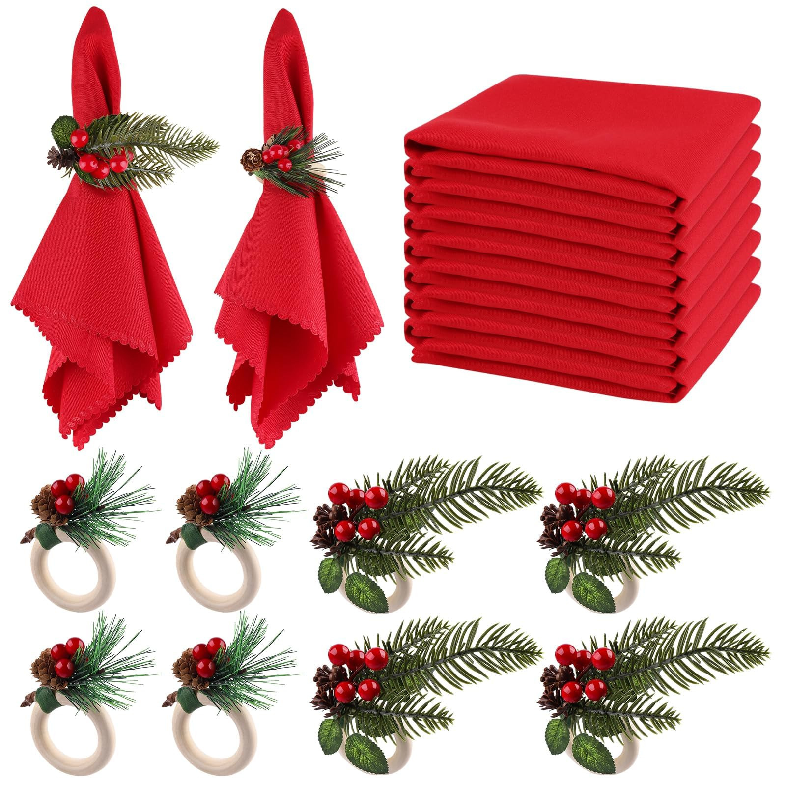 16 PCS Christmas Napkins and Rings Set, Lanstics 8PCS Xmas Napkin Buckles and 8PCS Red Washable C... | Amazon (US)